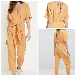FREE PEOPLE Shining Sun Front Tie V Neck Short Sleeves Jumpsuit